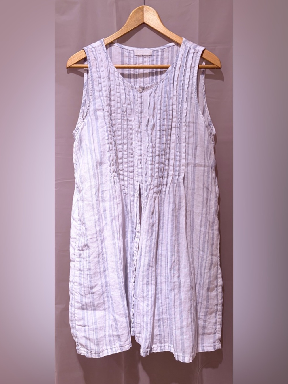 CP Shades White and Light Blue Striped Sleeveless Linen Tunic